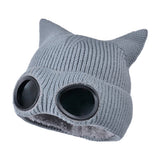Double Layer Winter Beanie with Goggles Cute Cat Ear Knit Hat for Winter Gray