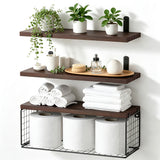 3 PCS Engineered Wood Wall Shelves with Metal Storage Basket Dark Brown