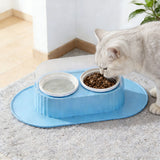 Ceramic Double Bowl Pet Feeding Set with Elevated Stand and Non-Slip Mat Blue