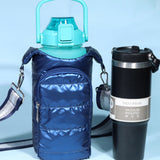 Quilted Insulated Water Bottle Carrier Bag Stylish Puffer Crossbody Hydrowater Pouch with Card Holder Pocket Dark Blue