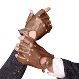 Men's Leather Fingerless Gloves for Motorcycle and Driving Brown