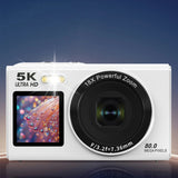 5K HD Dual-Screen Digital Camera Point-and-Shoot Selfie Camera with LED Fill Light White