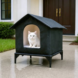 Insulated Cat House Cat Shelter with Raised Base with Washable Mat for Indoor Outdoor Black