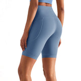 Women High Waist Biker Yoga Shorts with Pockets Mist Blue