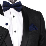 4 Piece Pre Tied Bow Tie Pocket Square and Cufflink Set Jacquard Dark Blue