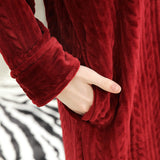 Unisex Bathrobe for Womens Flannel Fleece Robes Winter Warm Housecoat Nightgown Sleepwear Wine Red