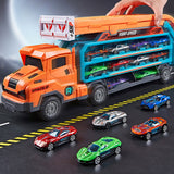 Foldable 3-Layer Car Race Track Toy Set with Carrier Truck and 6 Toy Cars Orange