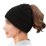 Women's High Bun Ponytail Hat Cable Knit Winter Beanie for Girls Black