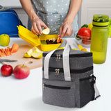 Double Layer Insulated Lunch Bag – Portable Cooler Food Tote Gray