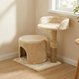 Cat Tree Tower Small with Enclosed Condo Scratching Post Hanging Toy Beige