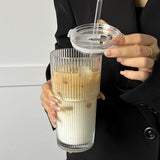 2PCS Iced Coffee Cups with Lids Ribbed Glass Coffee Bar Accessories for To Go Iced Coffee