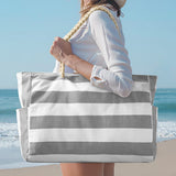 Large Striped Zipper Beach Tote Bag for Travel & Outdoor Vacations Grey