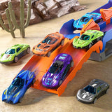 Dinosaur Truck Toy with 12 Alloy Cars Transforming Car Carrier Dinosaur with 145cm Dual Race Track Car Swallowing Transport Truck Toy Set Blue