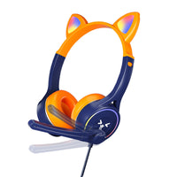 Headworn Headphone for Children Gaming Cat Ear Adjustable Headphones LED Lights Wired Headset Orange