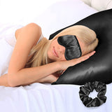 3Pcs Sleep Set Imitation Silk Pillowcase Eye Mask Scrunchie Black