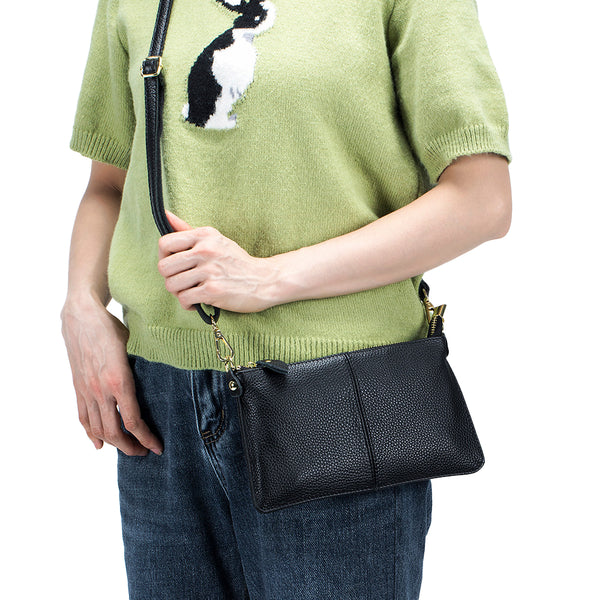 Womens Genuine Leather Crossbody Bag Handbag Shoulder Bag Clutch Wallet Black