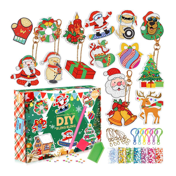 15Pcs DIY Christmas Acrylic Diamond Painting Keychain Xmas Hanging Key Ring Pendant Style 2