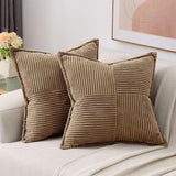 2Pcs Boho Splicing Striped Corduroy Pillow Covers Cross Stitching Textured Throw Pillowcases Home Decor Brown