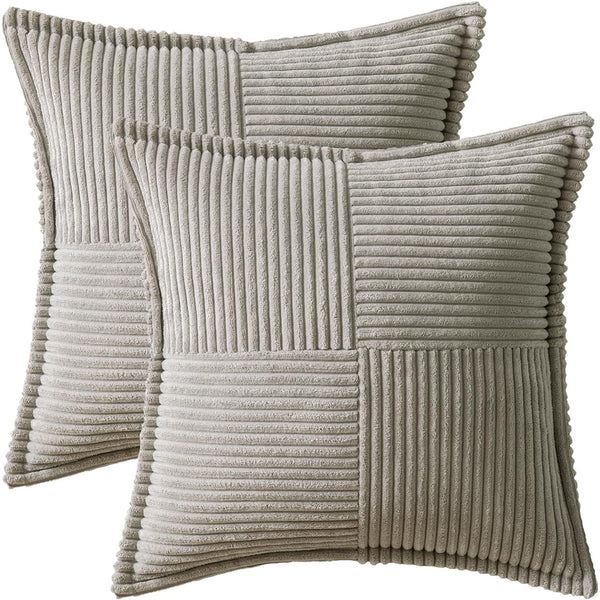 2Pcs Boho Splicing Striped Corduroy Pillow Covers Cross Stitching Textured Throw Pillowcases Home Decor Grey