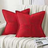 2Pcs Boho Splicing Striped Corduroy Pillow Covers Cross Stitching Textured Throw Pillowcases Home Decor Red
