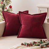 2Pcs Boho Splicing Striped Corduroy Pillow Covers Cross Stitching Textured Throw Pillowcases Home Decor Wine Red