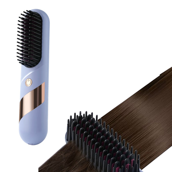 2-in-1 Cordless Hair Straightener Brush Portable Hair Comb with LED Display Hair Styling Tool Purple