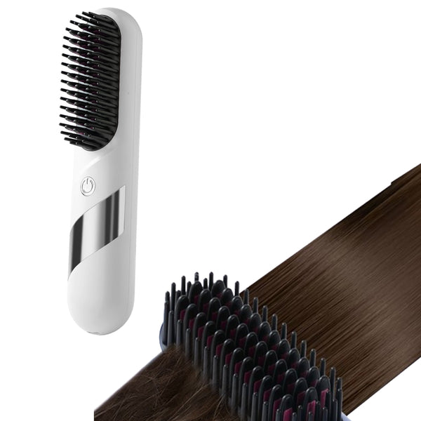 2-in-1 Cordless Hair Straightener Brush Portable Hair Comb with LED Display Hair Styling Tool White
