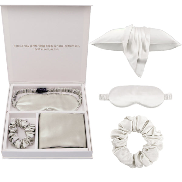 100% Mulberry 19Momme Silk Sleep Set Silk Bedding Pillowcase Eye Mask and Scrunchie Grey