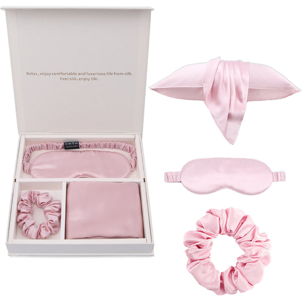 100% Mulberry 19Momme Silk Sleep Set Silk Bedding Pillowcase Eye Mask and Scrunchie Pink