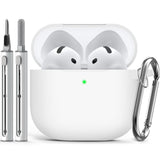 Compatible with Apple Airpods 4 Silicone Full Case Keychain and Cleaner Kit White