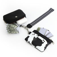 Mini Zip Around Dual Pouch Wristlet With Strap Wristlet Keychain Wallet Coin Purse Cow Print Style