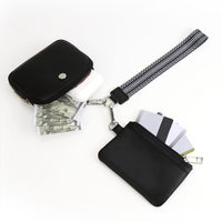 Mini Zip Around Dual Pouch Wristlet With Strap Wristlet Keychain Wallet Coin Purse Pure Black Style