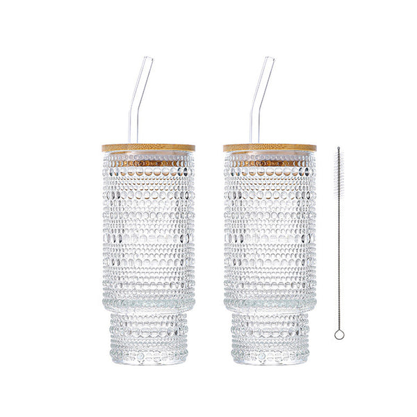 2Pcs Drinking Glasses with Straw and Lids Kitchen Water Glass Cup Bar Tumbler Glassware Set for Beer Juice Polka Dot Style