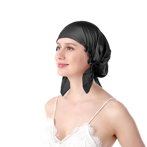 Silk Satin Hair Bonnet for Sleeping Hair Wrap Sleep Cap Turban with Elastic Band Black