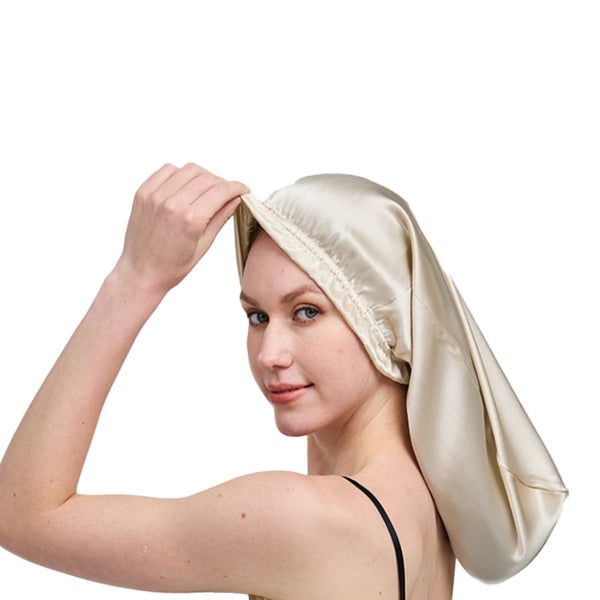 Silk Long Hair Bonnet for Sleeping Elastic Satin Sleep Cap for Women Beige