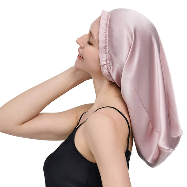 Silk Long Hair Bonnet for Sleeping Elastic Satin Sleep Cap for Women Pink
