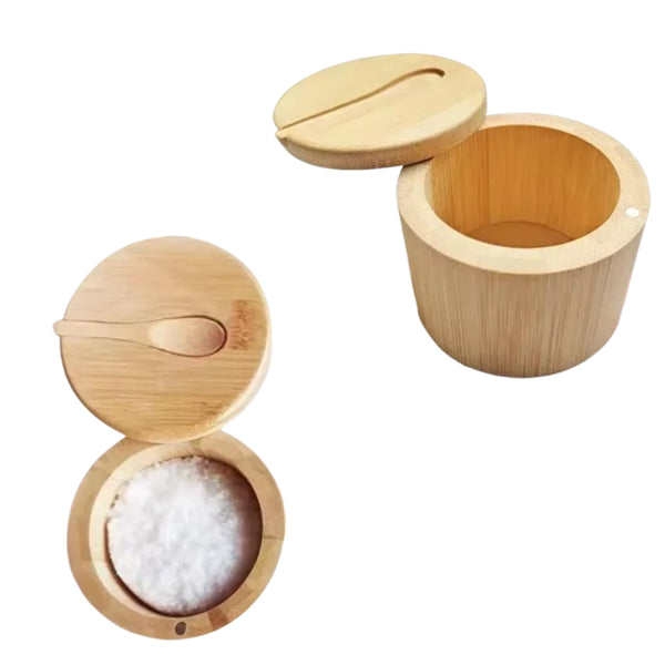 Bamboo Spice Container with Lid and Spoon for Storing Salt Pepper Sugar Herbs Small Spice Box Style 1