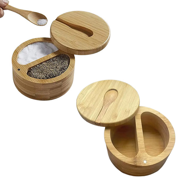 Bamboo Spice Container with Lid and Spoon for Storing Salt Pepper Sugar Herbs Small Spice Box Style 2