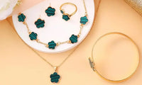 Five-Leaf Clover Jewelry Set – Necklace  Bracelet  Ring & Earrings Gift Striped Green