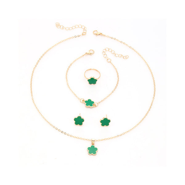 4-Piece Five-Leaf Clover Jewelry Set for Women – Ring Necklace & Bracelet Green