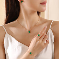 4-Piece Five-Leaf Clover Jewelry Set for Women – Ring Necklace & Bracelet Green