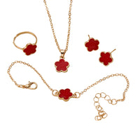 4-Piece Five-Leaf Clover Jewelry Set for Women – Ring Necklace & Bracelet Red