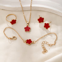 4-Piece Five-Leaf Clover Jewelry Set for Women – Ring Necklace & Bracelet Red