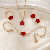 4-Piece Five-Leaf Clover Jewelry Set for Women – Ring Necklace & Bracelet Red