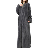 Women Zipper Lounger Robe Textured Long Housecoat with Pockets for Home Daily Wear Grey