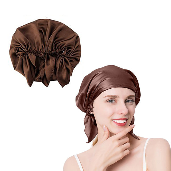 100% Mulberry Silk Night Cap Soft Sleeping Cap Hair Wrap Bonnet for Hair Care Coffee