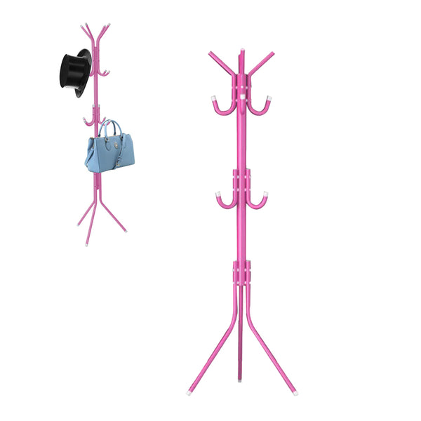 12 Hook 3-Tier Hat Coat Clothes Rack Multifunctional Tree Style Steel Hanger Stand Pink