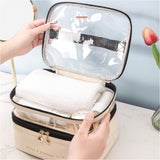 Double Layer Cosmetic Bag Portable Makeup Bag Organizer Travel Toiletry Bag Beige