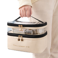 Double Layer Cosmetic Bag Portable Makeup Bag Organizer Travel Toiletry Bag Beige