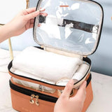 Double Layer Cosmetic Bag Portable Makeup Bag Organizer Travel Toiletry Bag Brown